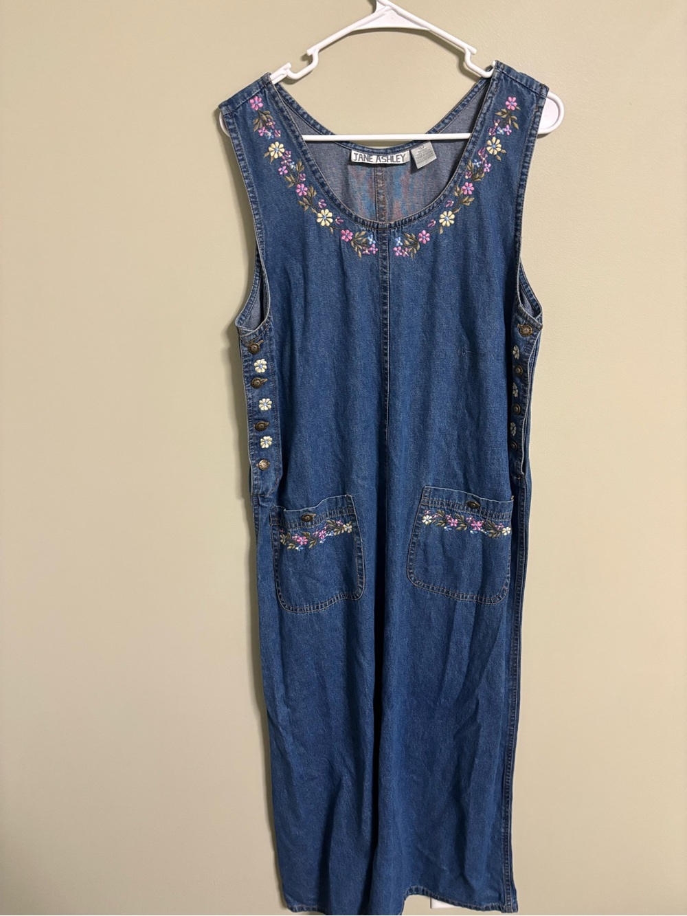 Vintage Jane Ashley Denim Embroidered Jumper Dress Floral 90s Cottagecore Large